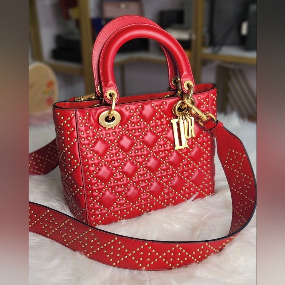 Mini Lambskin Cannage Studded Supple Lady Dior Satchel in full inclusion and COA